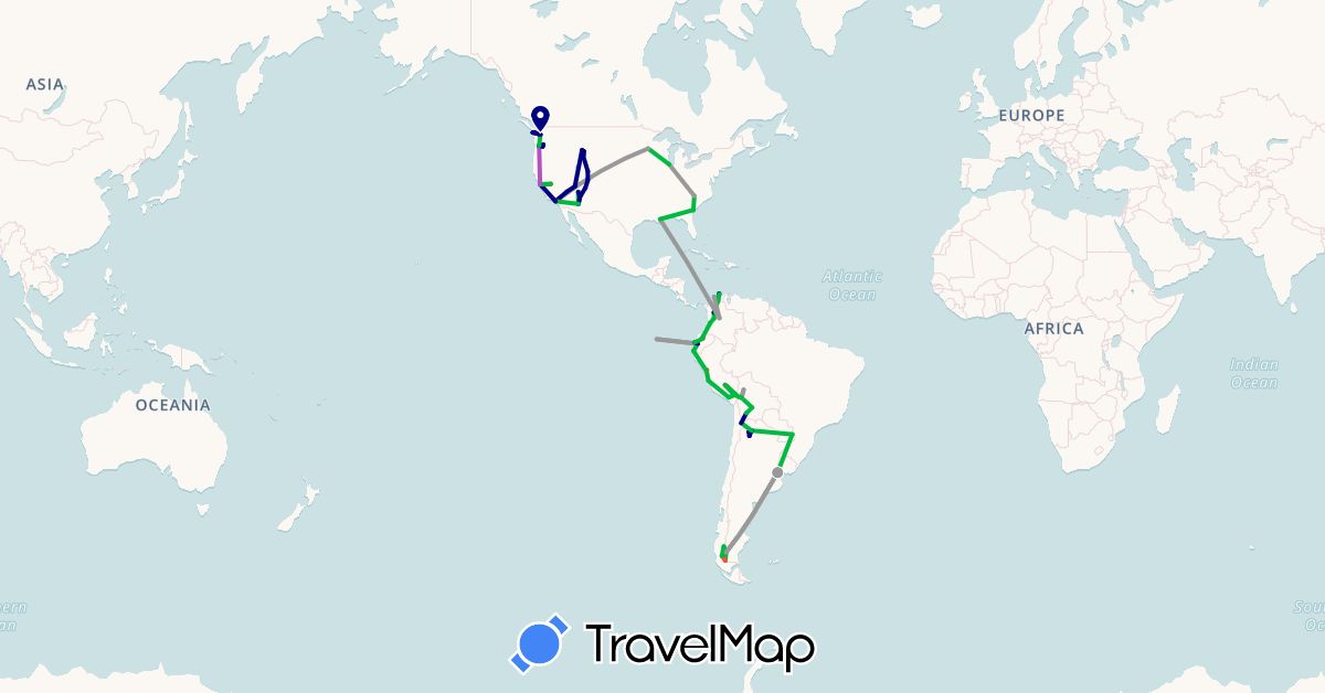 TravelMap itinerary: driving, bus, plane, train, hiking in Argentina, Bolivia, Chile, Colombia, Ecuador, Peru, United States (North America, South America)